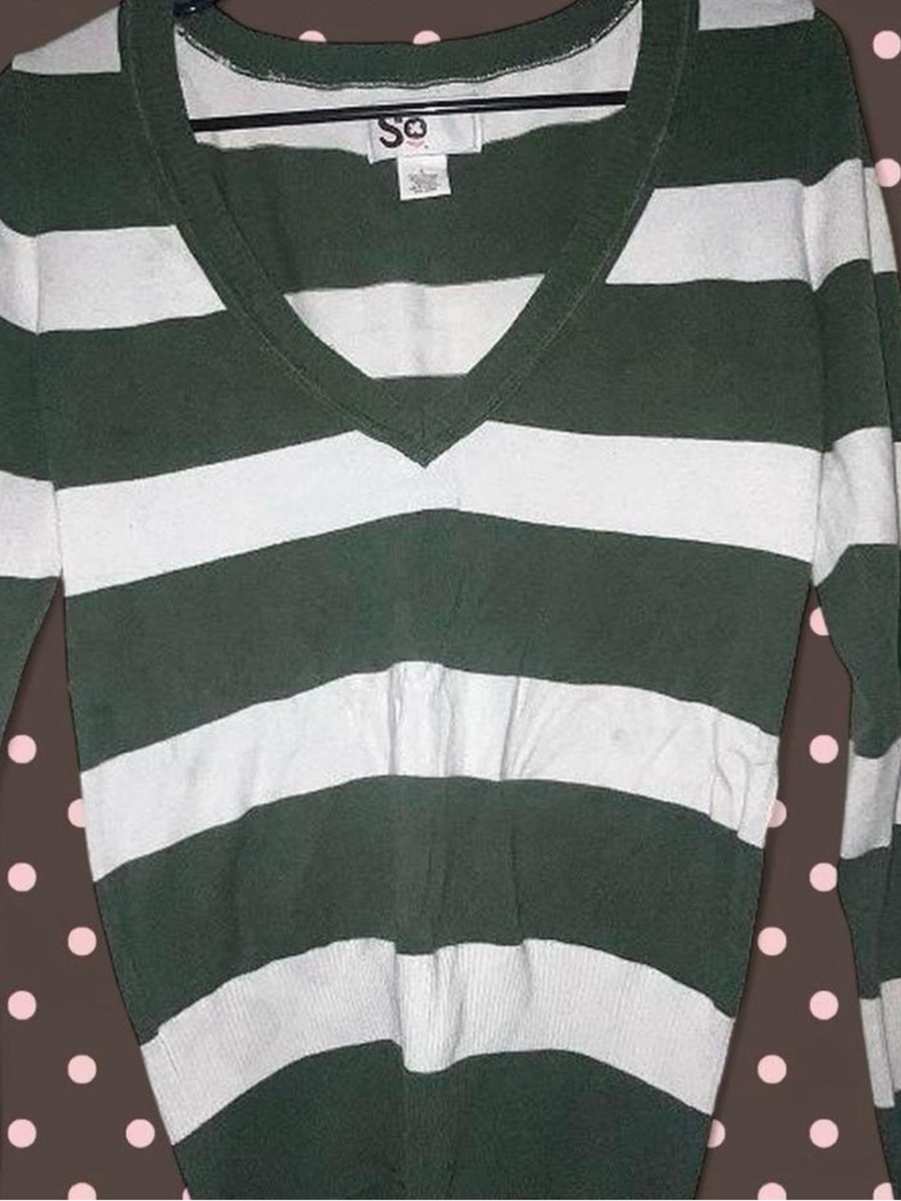 SO Olive Green and White Striped V-Neck Long Sleeve Top